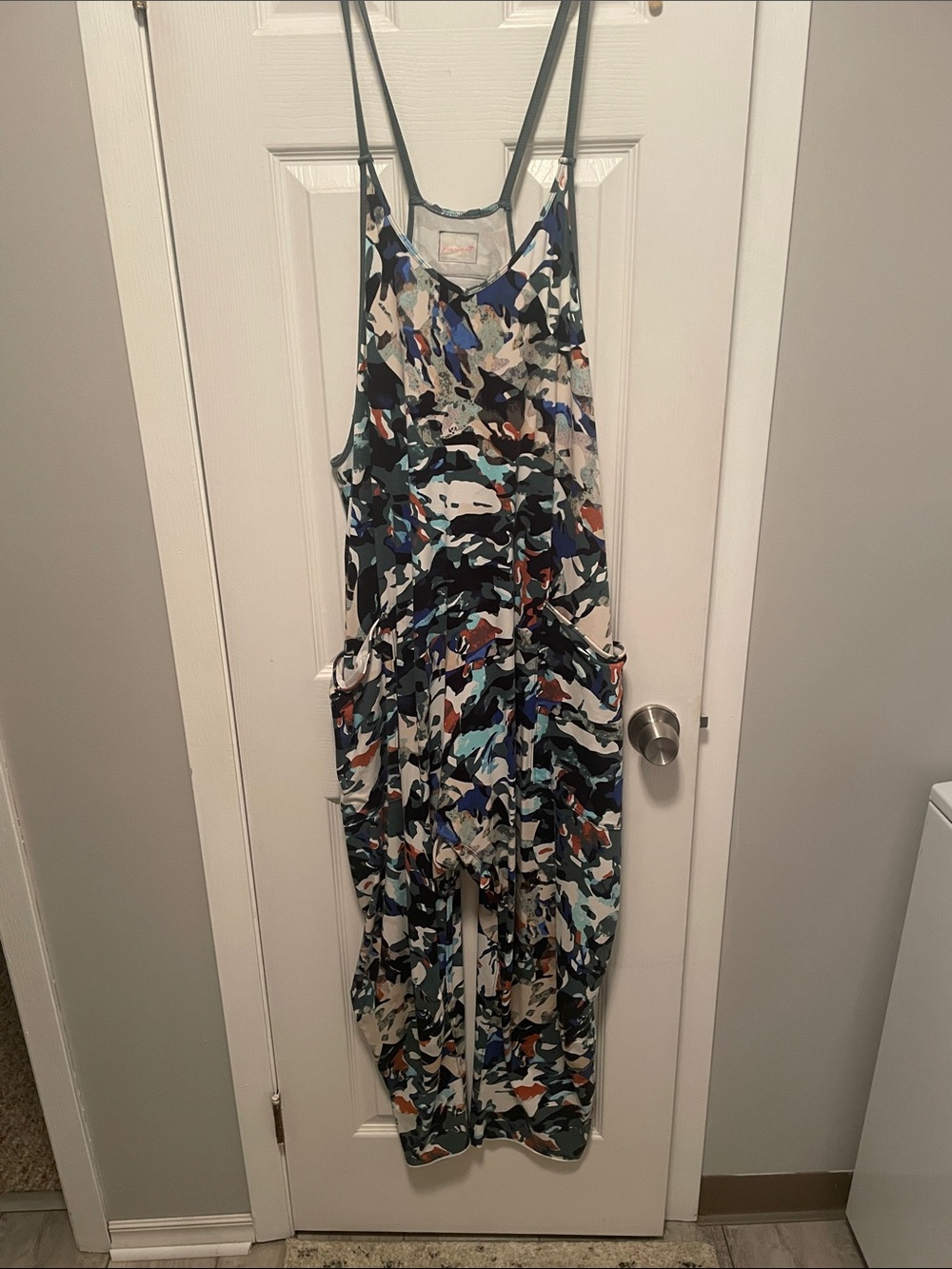 Free People Abstract Camo-Print Jumpsuit in Blue, Green & Cream
